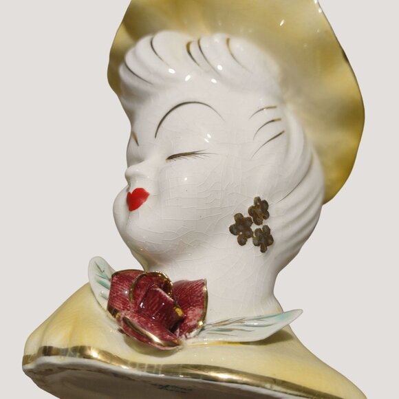 Lefton Japan Lady Head Vase 1950 Porcelain Decor Vintage Flowers Bow MCM Crazing - Picture 1 of 8